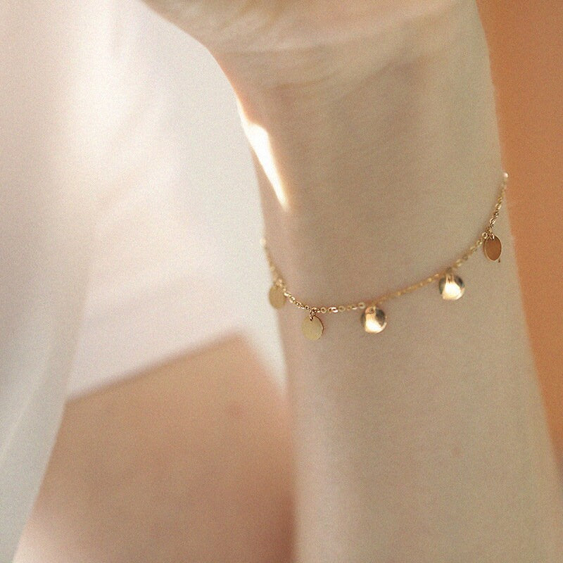 14k Gold Plated 925 Silver Shiny Gold Coin Charm Bracelets, Dainty Gold Disc Bracelet, Minimalist Adjustable Bracelet, Layered Bracelet, B07