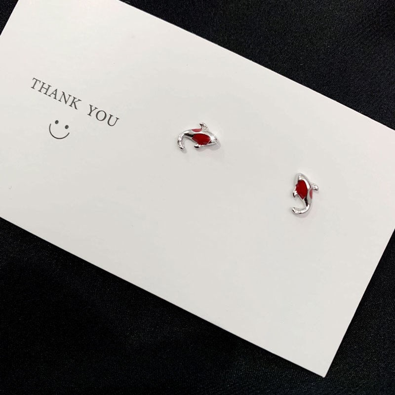 Sterling Silver Tiny Red Dolphin Earrings, Adorable Animal Studs, Lovely Dolphin Earrings, Minimalist Earring, Holiday Gift E113