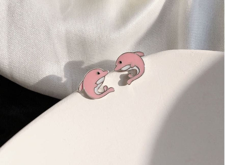 Sterling Silver Pink Dolphin Earrings, Adorable Animal Stud Earrings, Lovely Aniaml Design, Minimalist Earrings, Gift for Girls, E122