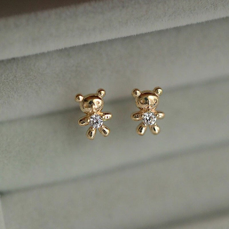 Sterling Silver Teddy Bear Stud Earrings, Tiny Animal Stud Earrings, Gold Bear Earring, Pretty and Adorable Design, Two Color Available E123