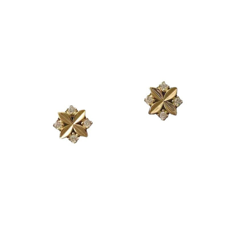 14k Gold Plated Sterling Silver Dainty Cross Flower CZ Stud Earrings, Minimalist Skinny Earrings, Pretty Lovely Design, Gifts for Her, E202