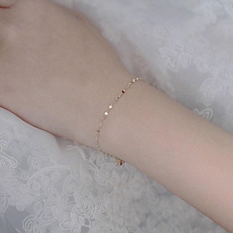 14k Gold Plated Sterling Silver Sparkly Bracelet, Skinny Mirror Chain Bracelet, Dainty Gold Stackable Bracelet, Layered Bracelet, Gift, B05