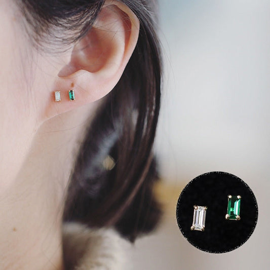 Tiny Rectangle Emerald CZ Earrings, 14k Gold on S925 Silver Emerald CZ Studs, Minimalist Emerald Earring, Tragus/Helix Studs, Gifts  E135