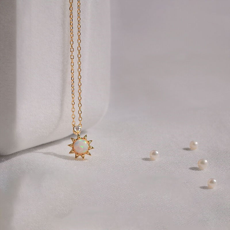 14k Gold Plated 925 Silver Dainty Opal Starburst Necklace, Opal Sun Flower CZ Necklace, Minimalist Gold Opal Choker, October Birthstone, N29