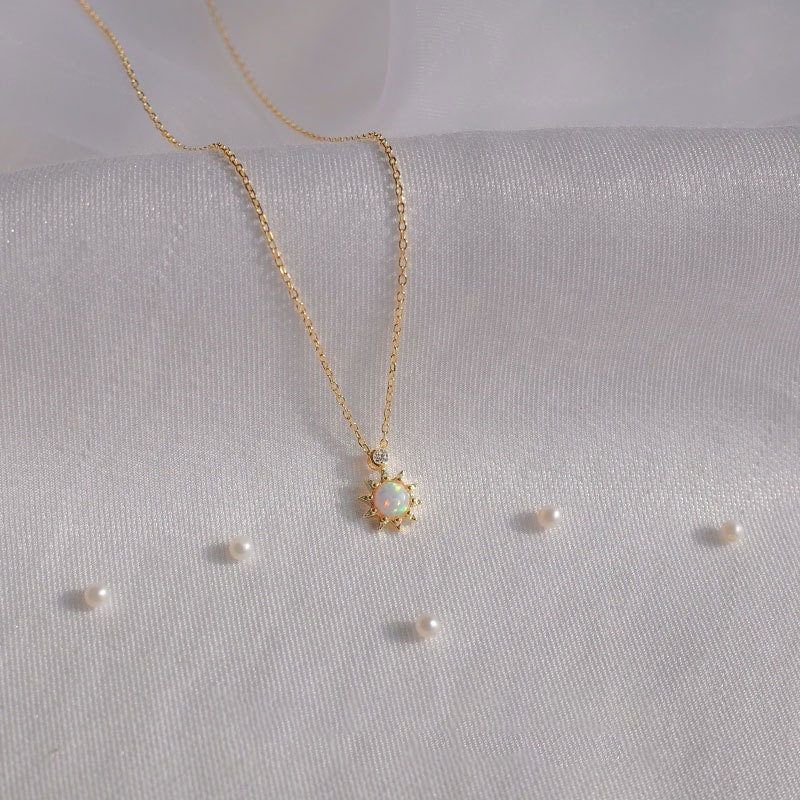 14k Gold Plated 925 Silver Dainty Opal Starburst Necklace, Opal Sun Flower CZ Necklace, Minimalist Gold Opal Choker, October Birthstone, N29