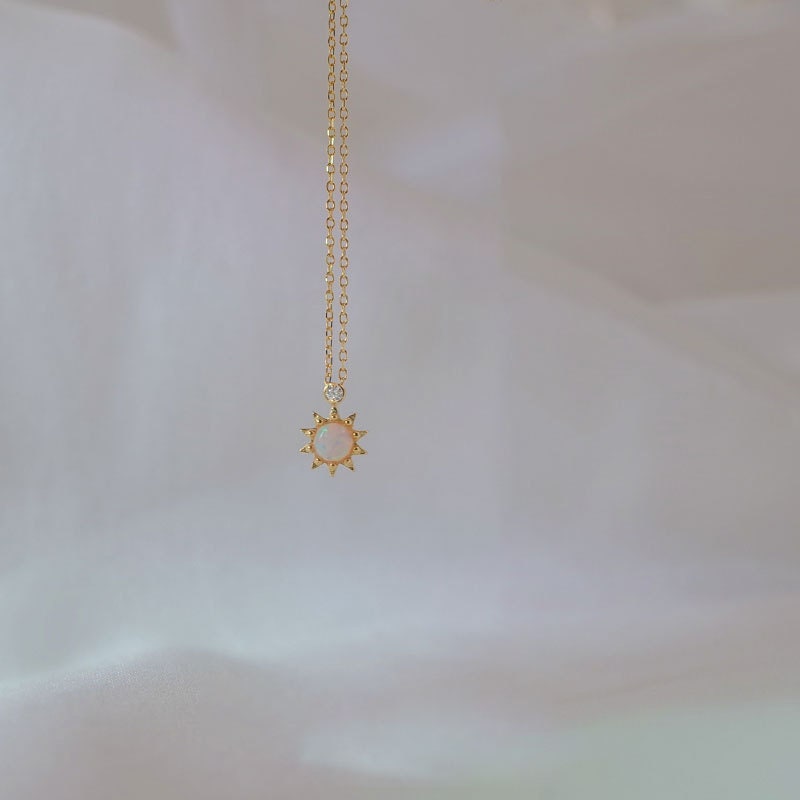 14k Gold Plated 925 Silver Dainty Opal Starburst Necklace, Opal Sun Flower CZ Necklace, Minimalist Gold Opal Choker, October Birthstone, N29