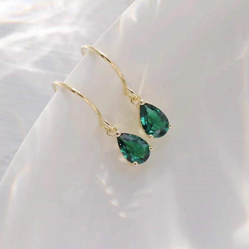 1 Pair | Emerald Crystal Waterdrop Hook Dangle Earrings, Gold Plated 925 Silver Droplet Emerald Drop & Dangle Earrings, Pretty Earring, E128