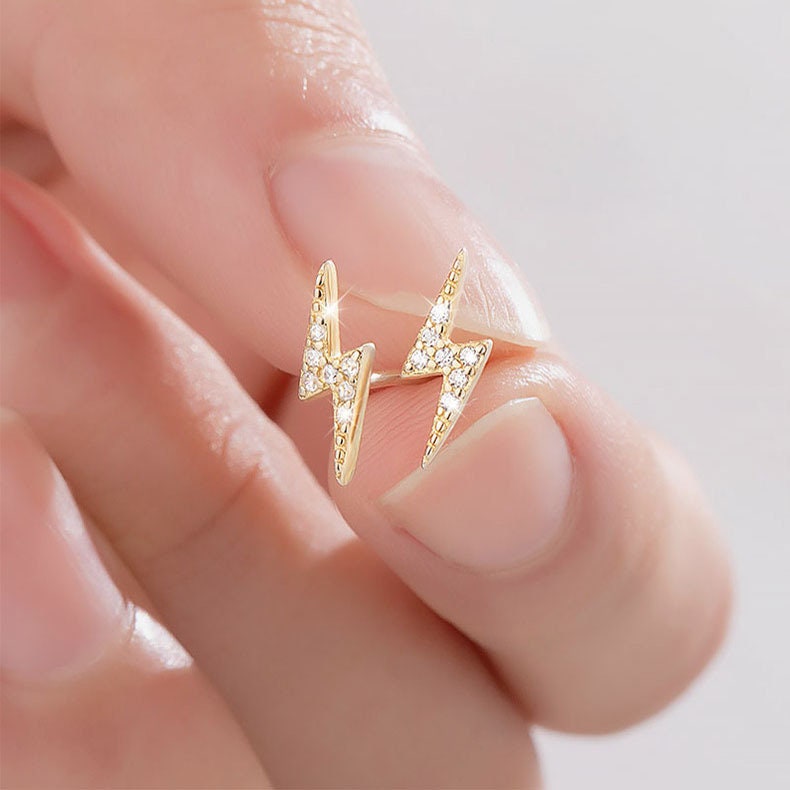 14k Gold Plated 925 Silver CZ Lightning Bolt Stud Earrings, Gold Bolt Earrings, Lightning Studs, Minimalist Earrings, Helix Earrings, E206