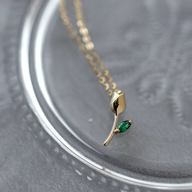 Gold Plated Sterling Silver Pretty Tulip Necklace, Emerald CZ Tulip Necklace, Dainty Green Leaves Tulip Necklace, Pretty & Sweet Design, N23