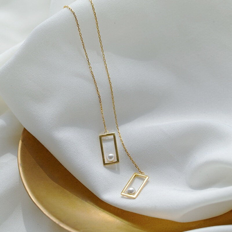 14k Gold Plated 925 Silver Pearl Rectangle Threader Dangle Earrings, Tassel Drop Earrings, Gold Rectangle Dangle Earring, Gift for Her, E207