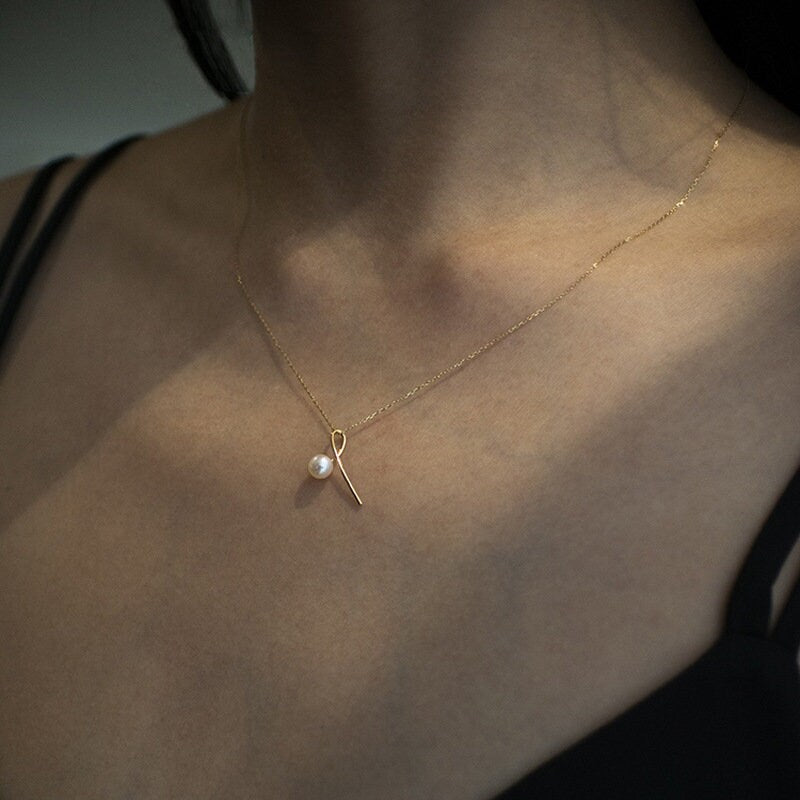 Dainty Simulated Pearl Necklace, 14k Gold over Sterling Silver Pearl & Knot Necklace, Delicate Geometry Necklace, Pretty Skinny Design, N24