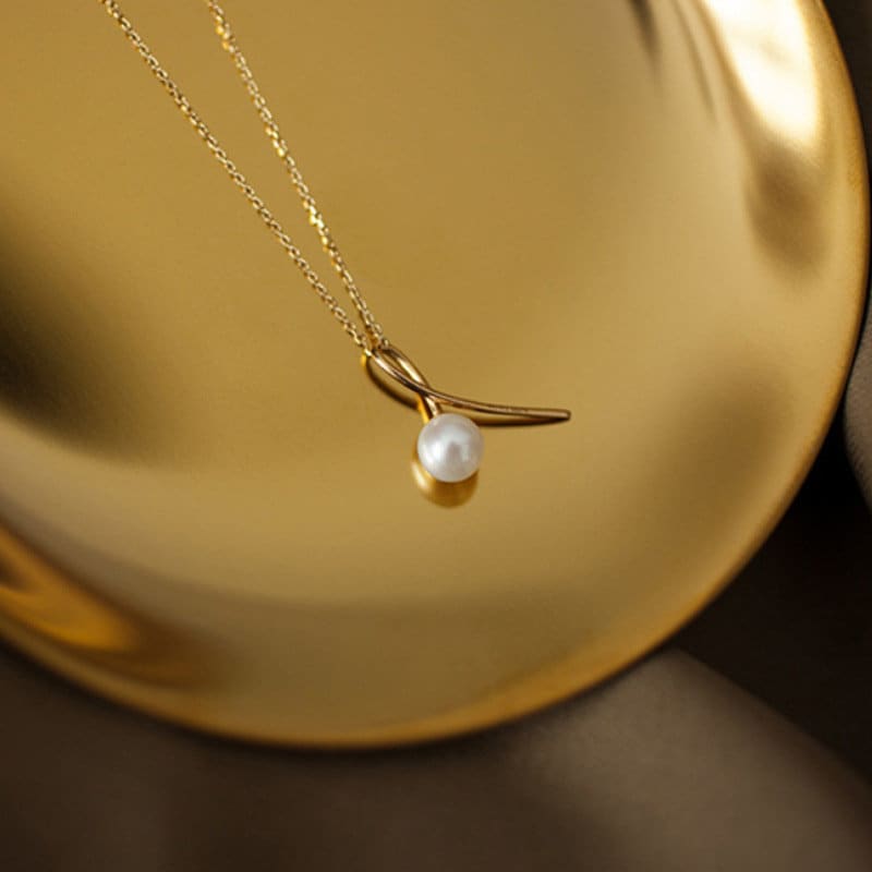 Dainty Simulated Pearl Necklace, 14k Gold over Sterling Silver Pearl & Knot Necklace, Delicate Geometry Necklace, Pretty Skinny Design, N24