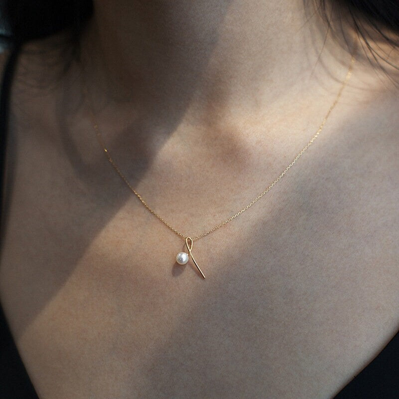 Dainty Simulated Pearl Necklace, 14k Gold over Sterling Silver Pearl & Knot Necklace, Delicate Geometry Necklace, Pretty Skinny Design, N24