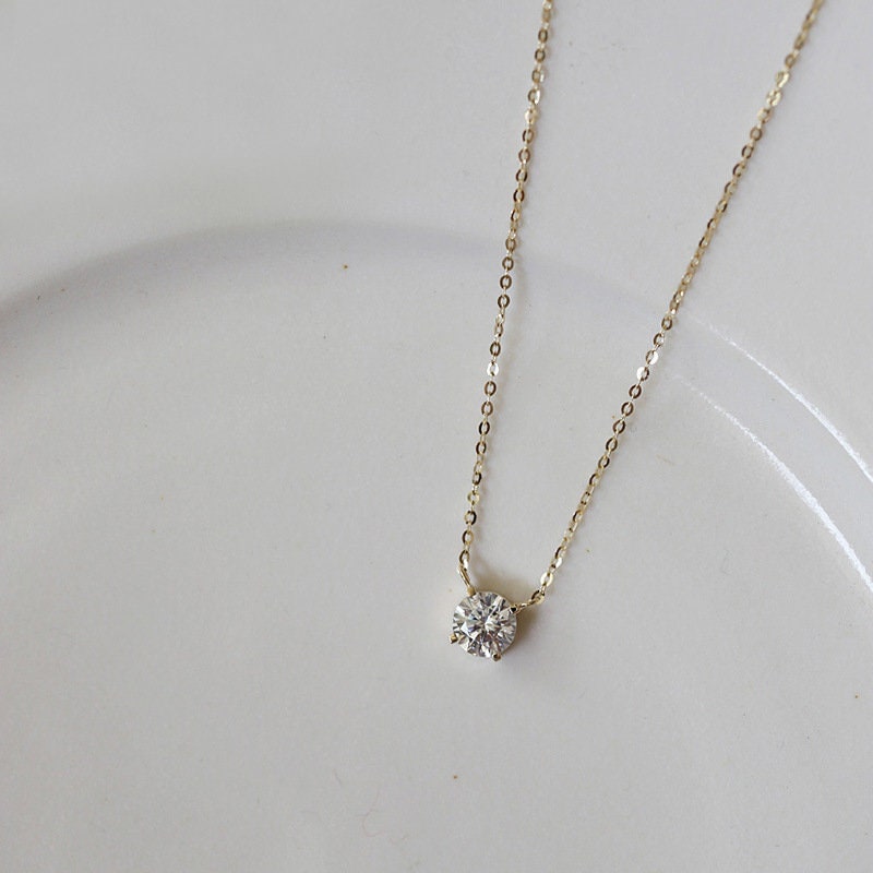 14k Gold Plated Sterling Silver Round Cut Crystal Necklace, Dainty Sparkly CZ Necklace, Pretty and Timeless Design, Perfect Gift for Her N25