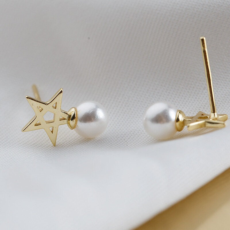 Dainty Hollow-out Star with Simulated Pearl Stud Earrings, Gold Plated 925 Silver Pearl with Pentagon Earrings, Skinny Earrings, Minimalist