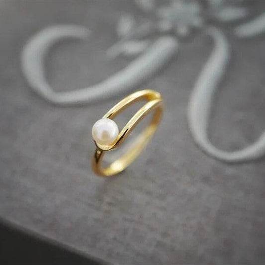 Gold Plated 925 Silver Dainty Pearl Adjustable Ring, Geometry Simulated Pearl Open Size Ring, Skinny Open Ring, Pretty and Modern Design