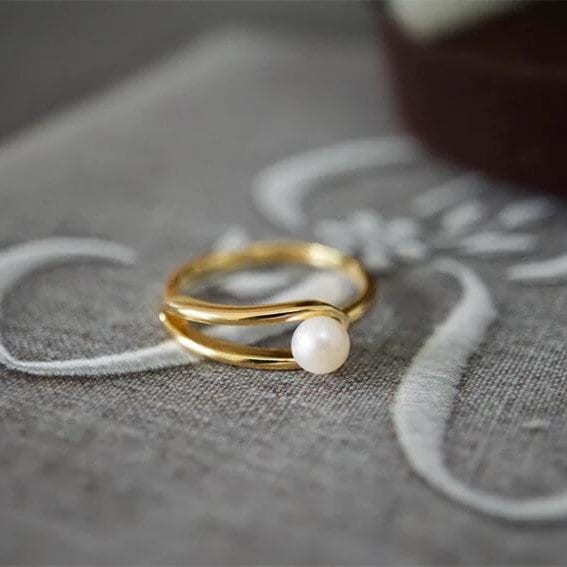 Gold Plated 925 Silver Dainty Pearl Adjustable Ring, Geometry Simulated Pearl Open Size Ring, Skinny Open Ring, Pretty and Modern Design