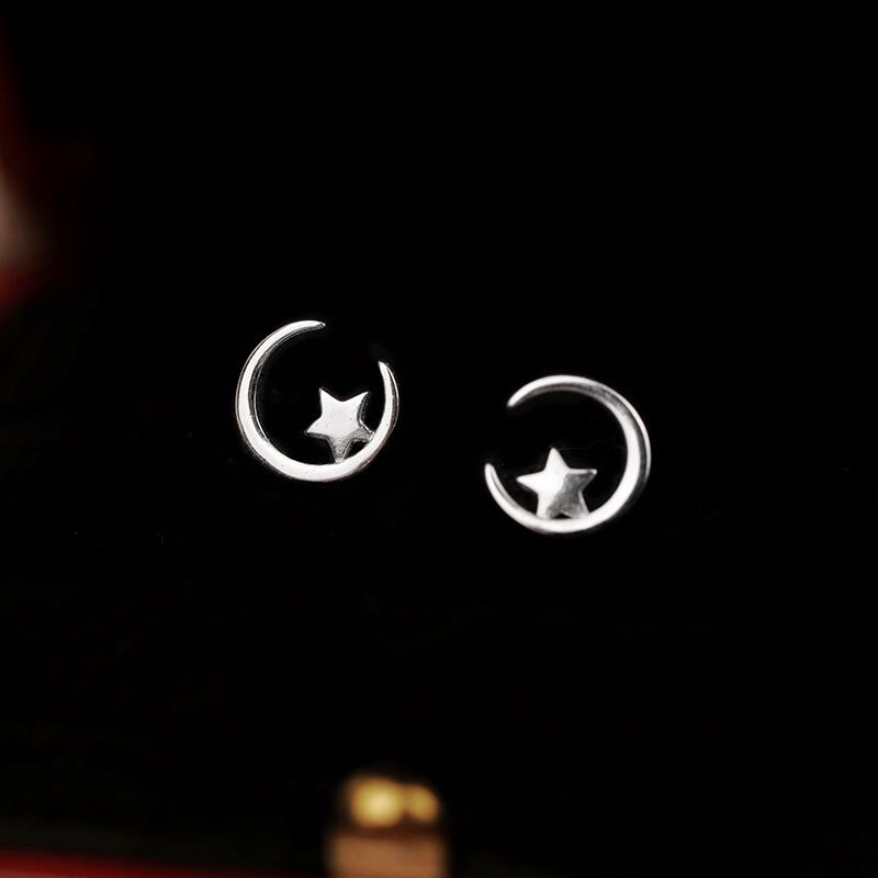 Sterling Silver Crescent Moon & Star Stud Earrings,  Dainty Star and Crescent Moon Earring, Celestial Earrings, Moon hug Star Earring, E134