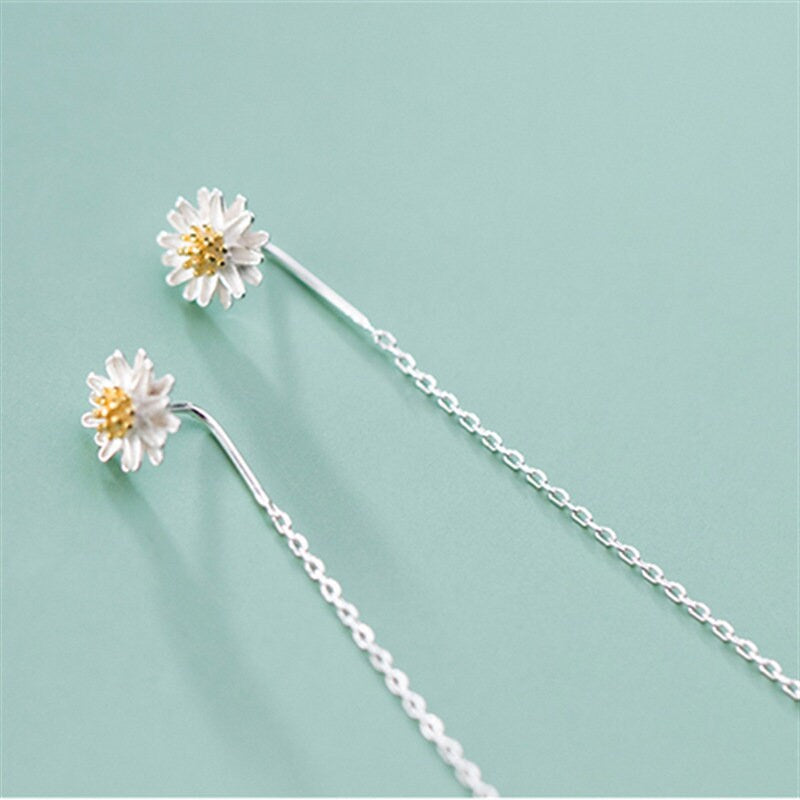 1 Pair | 925 Silver Delicate Daisy Threader Drop & Dangle Earrings, Skinny Flower Daisy Tassel Earrings, Sweet and Pretty Design, Gift, E220