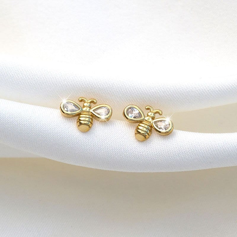 Dainty Gold CZ Bee Stud Earrings, 14k Gold Plated Sterling Silver Honeybee Studs, Cute Animal Earrings, Bee-lover Earring, Gift for Her E125