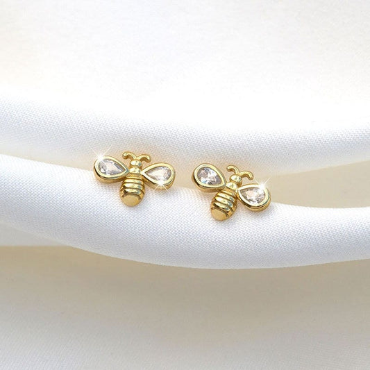 Dainty Gold CZ Bee Stud Earrings, 14k Gold Plated Sterling Silver Honeybee Studs, Cute Animal Earrings, Bee-lover Earring, Gift for Her E125