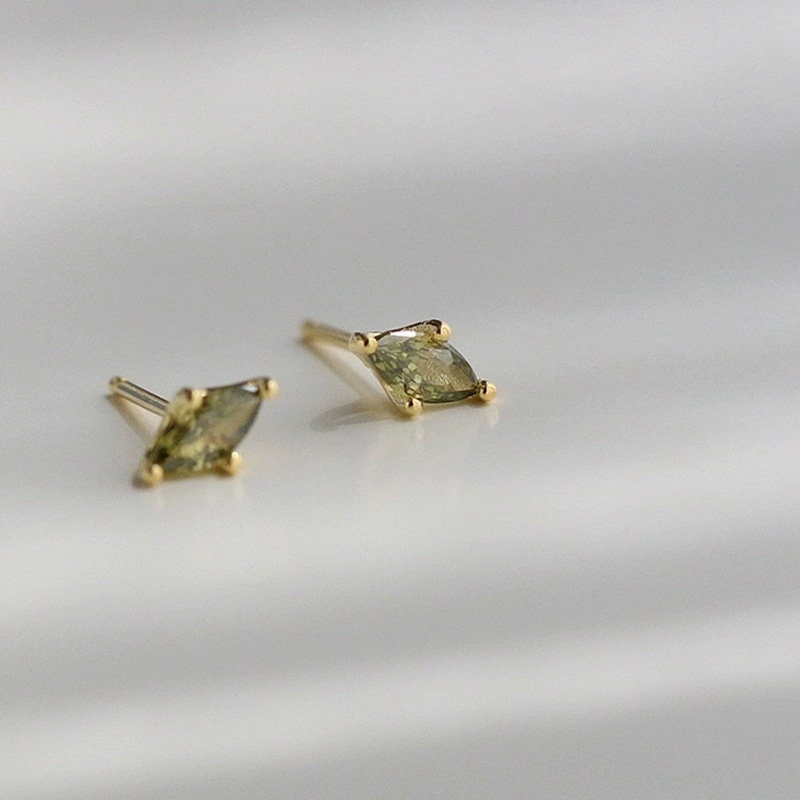 14k Gold Plated 925 Silver Olive Green CZ Stud Earrings, Tiny Oval Shape Green Crystal Earrings, Pretty and Timeless Design, Gifts, E140