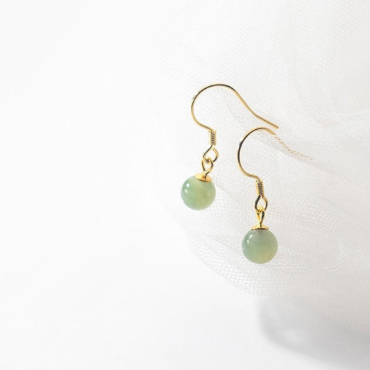 Genuine Jade Hook Drop & Dangle Earrings, Gold Plated 925 Silver Round Jade Drop Earrings, Nature Jade Earrings, Pretty Classic Design, E144