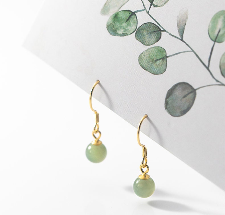 Genuine Jade Hook Drop & Dangle Earrings, Gold Plated 925 Silver Round Jade Drop Earrings, Nature Jade Earrings, Pretty Classic Design, E144