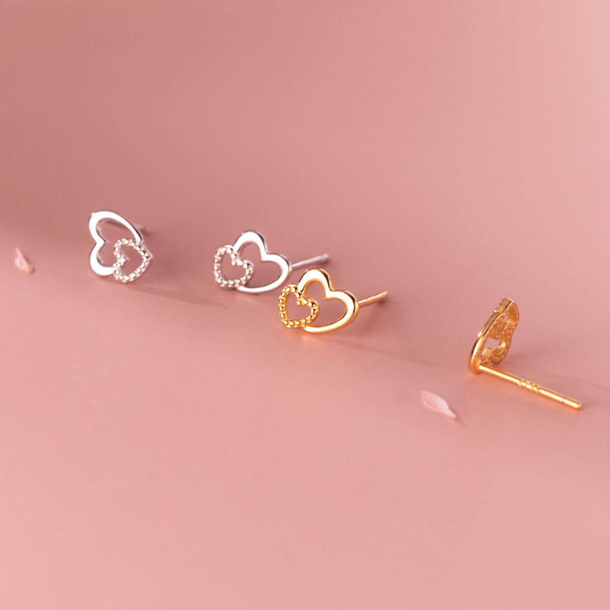 14k Gold Plated 925 Silver Heart Stud Earrings, Dainty Heart Studs, Pretty and Sweet Heart Design Earrings, Minimalist, Gifts for Her, E107