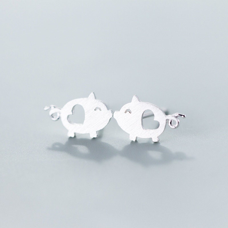 Sterling Silver Piggy Open Heart Stud Earrings, Hollow-out Heart Piglet Stud Earrings, Cute Pig Animal Earrings, Piggy Earrings, Gifts, E146