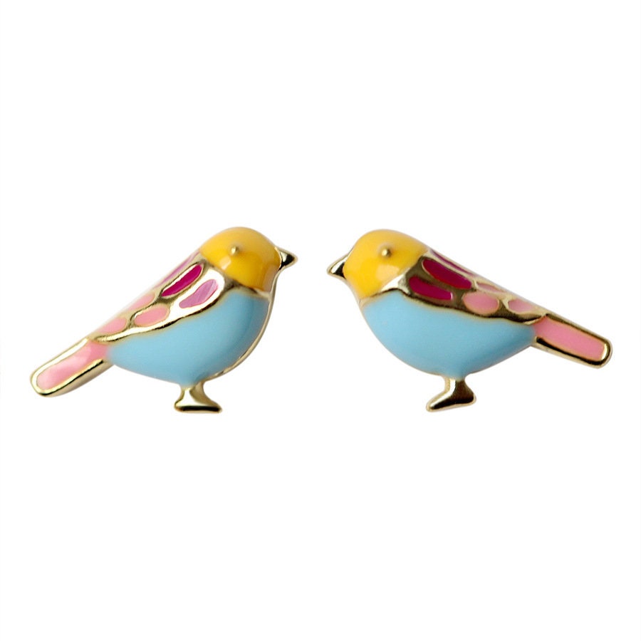 18k Gold Plated Sterling Silver Colorful Bird Stud Earrings, Blue Bird Animal Earrings, Pretty and Lovely Design, Silver or Gold, E149