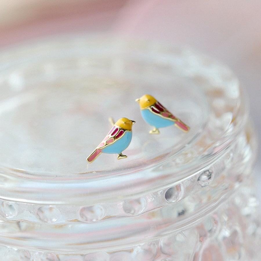 18k Gold Plated Sterling Silver Colorful Bird Stud Earrings, Blue Bird Animal Earrings, Pretty and Lovely Design, Silver or Gold, E149