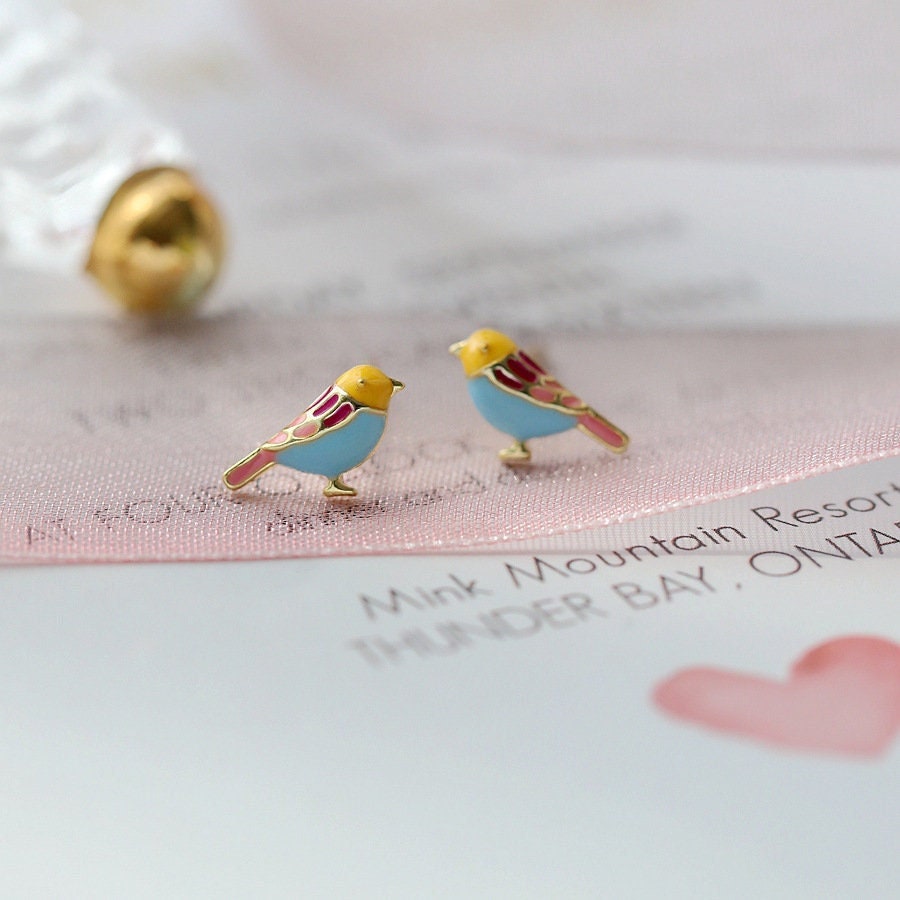 18k Gold Plated Sterling Silver Colorful Bird Stud Earrings, Blue Bird Animal Earrings, Pretty and Lovely Design, Silver or Gold, E149