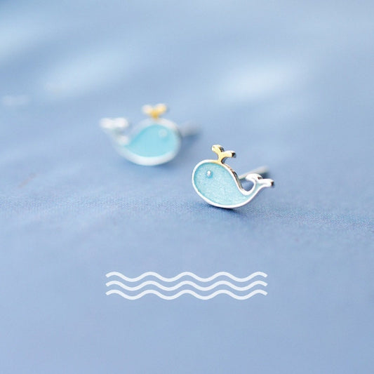 Sterling Silver Small Blue Whale Stud Earrings, Dainty Fish Animal Stud Earrings, Adorable Whale Studs, Pretty Studs, Gifts for Her, E157