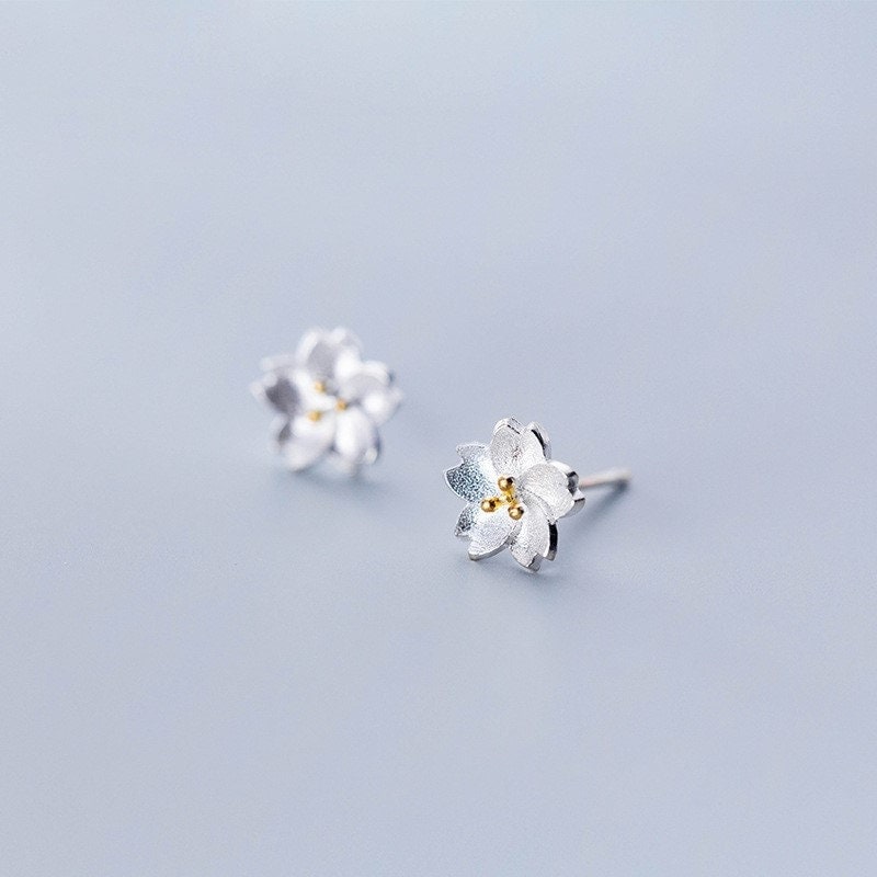 Sterling Silver Dainty Flower Stud Earrings, Skinny Flower Plant Earrings, Pretty Earrings, Minimalist Earrings for Everyday, Gifts, E158