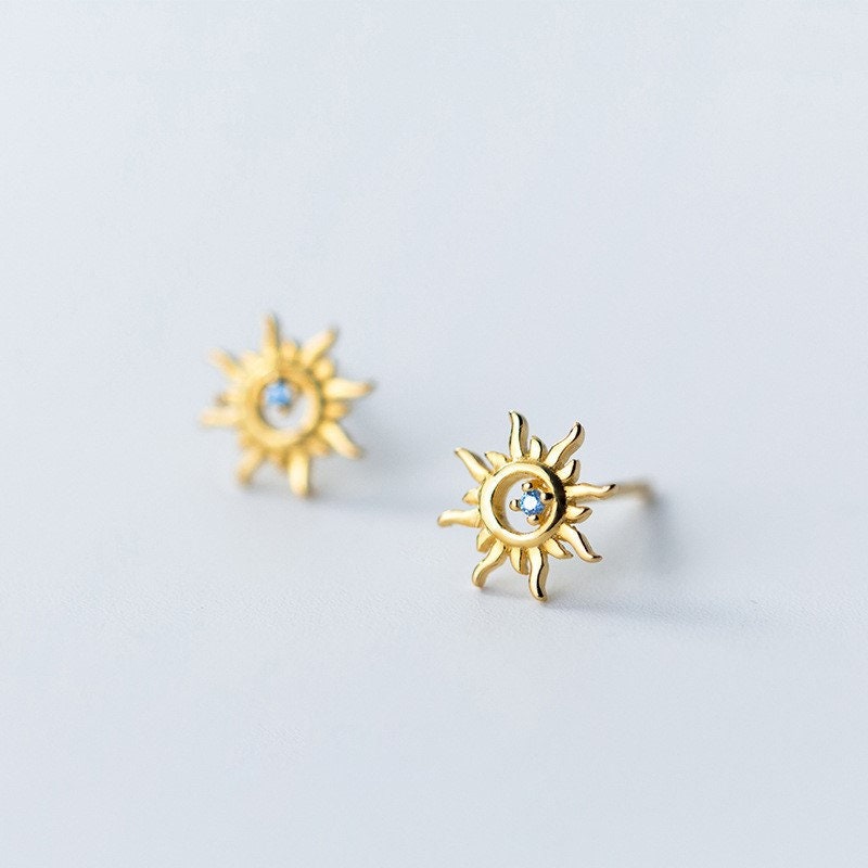 Sterling Silver Sunburst with Blue CZ Stud Earrings, Dainty Tiny CZ Sun Flower Earrings, Pretty and Celestial Design, Gifts for Her, E160