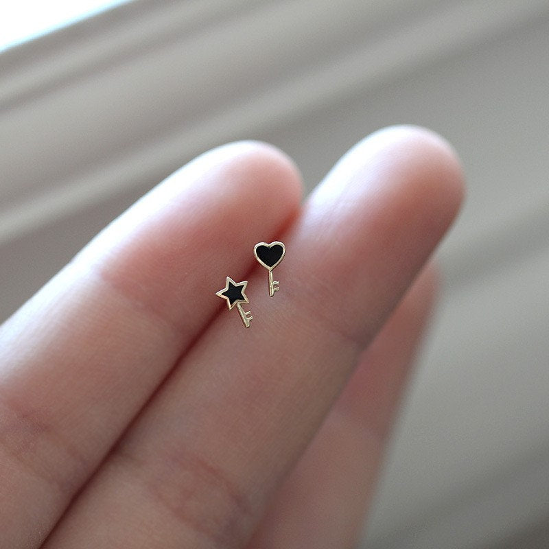 14k Gold Plated 925  Silver Tiny Black Key Earrings, Dainty Mismatched Heart & Star Earrings, Minimalist Earrings, Gifts for Her, E162