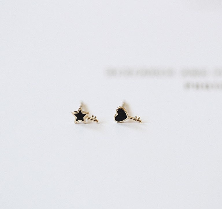 14k Gold Plated 925  Silver Tiny Black Key Earrings, Dainty Mismatched Heart & Star Earrings, Minimalist Earrings, Gifts for Her, E162