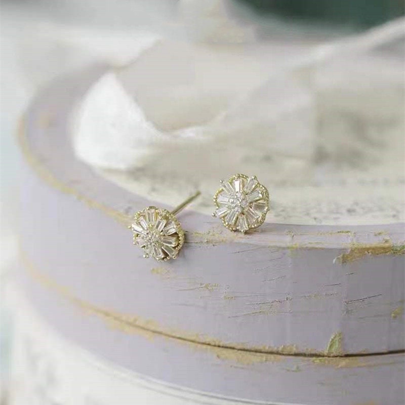 Gold Plated 925 Silver Dainty Lace Snowflake CZ Stud Earrings, Flower CZ Earrings, Crystal CZ Snowflakes Earrings, Minimalist Earrings, E165