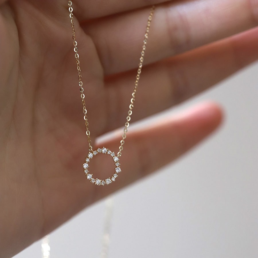 925 Silver Paving full CZ Diamond Circle Necklace, Minimalist Geometry Necklace, Choker Necklace, Layered Necklace, Two Color Available, N06