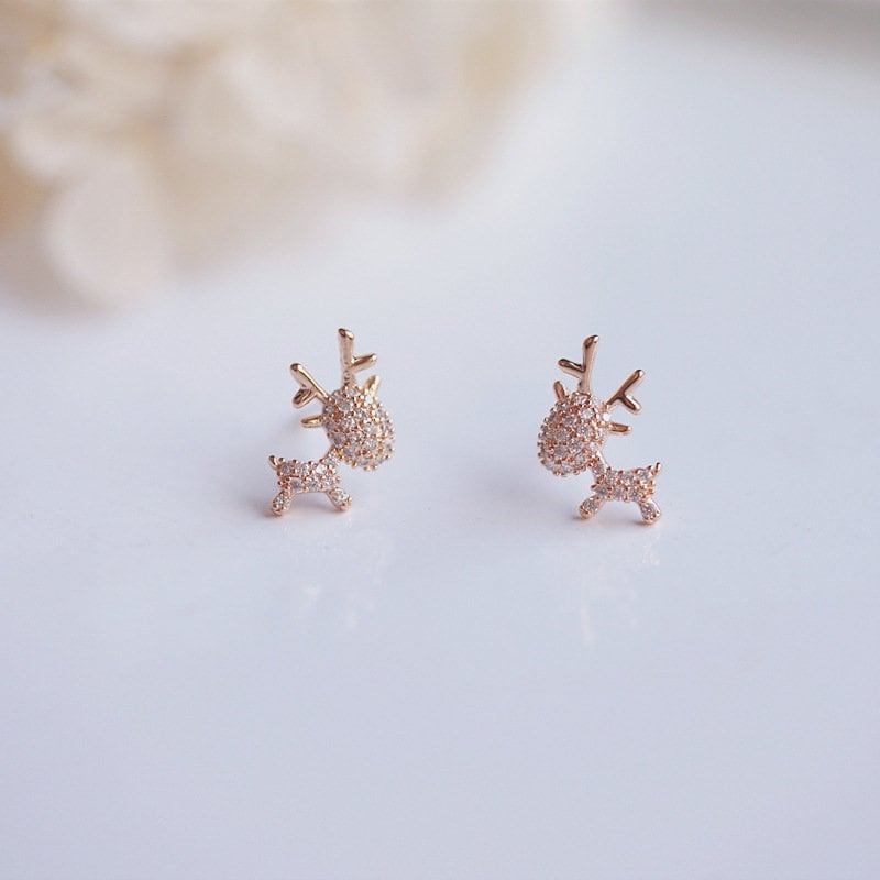 925 Silver Dainty & Cute Deer Stud Earrings, Sparkly CZ Reindeer Animal Earrings, Rose Gold or Silver, Pretty and Adorable Design, Gift E166