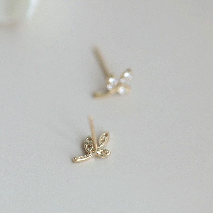 925 Silver Dainty Tiny CZ Leaves Stud Earrings, Sparkly Crystal CZ Leaf Earrings, Plant Earring, Sweet & Pretty Design, Silver or Gold, E167