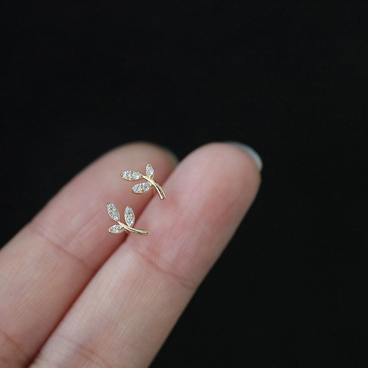 925 Silver Dainty Tiny CZ Leaves Stud Earrings, Sparkly Crystal CZ Leaf Earrings, Plant Earring, Sweet & Pretty Design, Silver or Gold, E167