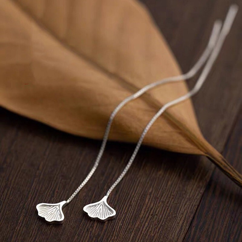 925 Silver Dainty Ginkgo Leaf Threader Dangle Earrings, Silver Leaf Tassel Drop Earrings, Delicate Fan-shaped Earrings, Plant Earring, E171