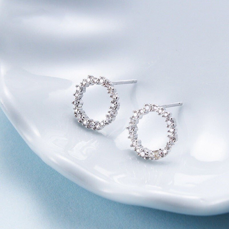 925 Silver Circle Paving Full CZ Stud Earrings, Sparkly Round Circle Earrings, Geometry Studs, Silver or Gold, Pretty Trendy Design, E79