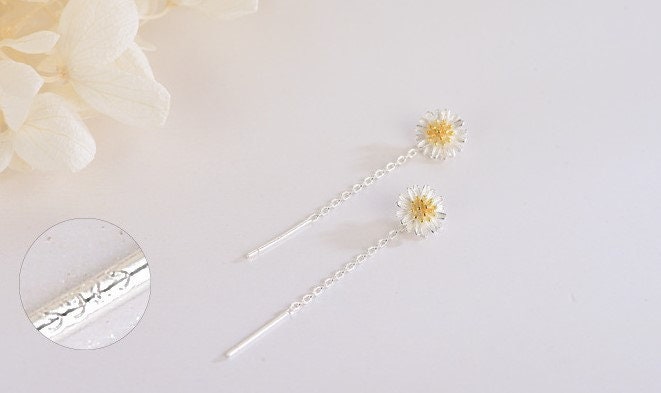 Sterling Silver Dainty Daisy Threader Drop & Dangle Earrings, Skinny Flower Daisy Tassel Drop Earrings, Lovely and Pretty Design, Gifts E176