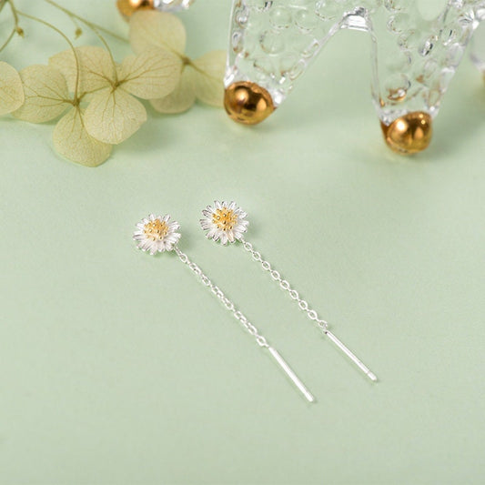 Sterling Silver Dainty Daisy Threader Drop & Dangle Earrings, Skinny Flower Daisy Tassel Drop Earrings, Lovely and Pretty Design, Gifts E176