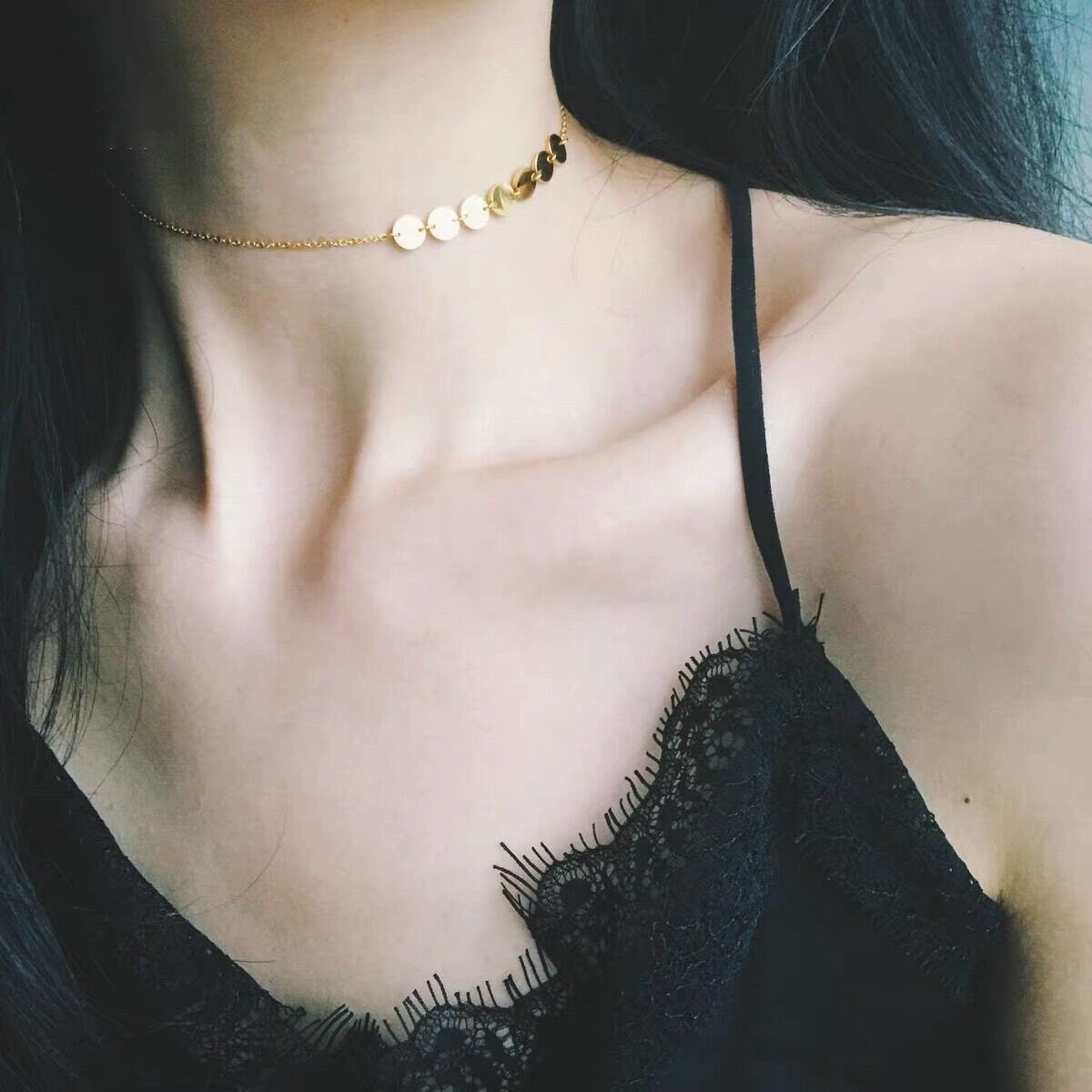 14k Gold Plated Sterling Silver Tiny Gold Coin Choker Necklace, Dainty Gold Disc Choker, Choker Features 7 Coins, Modern Design, Gift, N28