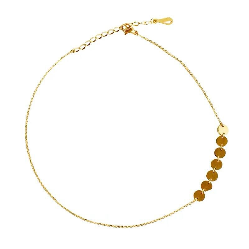 14k Gold Plated Sterling Silver Tiny Gold Coin Choker Necklace, Dainty Gold Disc Choker, Choker Features 7 Coins, Modern Design, Gift, N28