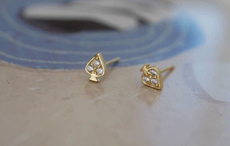 14k Gold Plated Sterling Silver Tiny Spade-A CZ Stud Earrings, Sparkly Spade A Shape Studs, Mini Heart Studs, Pretty and Cute Design, E179